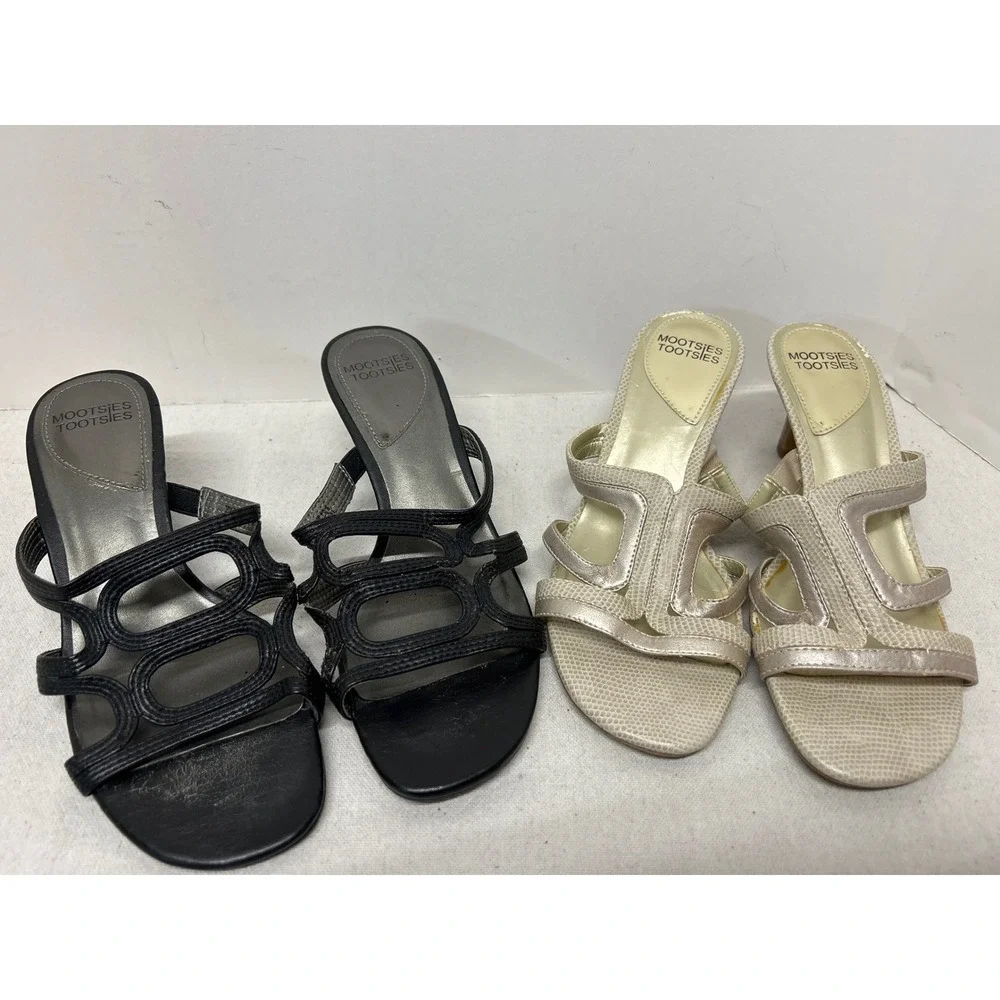 Two Vintage Y2K Mootsies Tootsies Women's Shoes 7.5 Black & Gold Heeled Sandals
